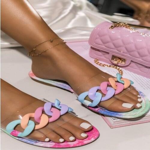 Summer Fashion Womens Roman Style Slippers Transparent Chain Decoration Flat Outdoor Womens Sandals 2021 Light Beach Slippers