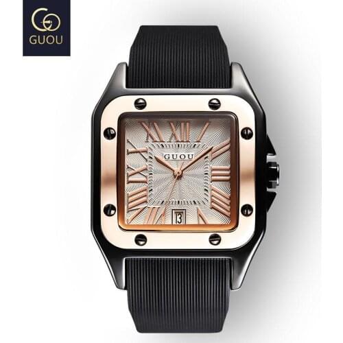Fashion GUOU Top Brand Mens Watches Luxury Wristwatches Rubber Silicon Brand Casual Dress Watch Man Square Quartz Clocks