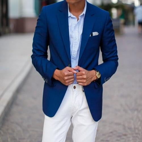 Tailor Made Fashion Handsome Dark Blue Blazer With White Pants Slim Fit Groomsmen Tuxedo For Wedding Dinner Beach Party 2 Prc