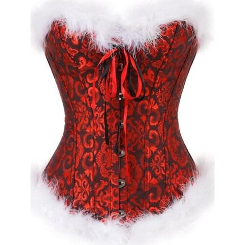 Fashion Sexy Corset Bustier Lingerie Top Christmas Santa Costumes Feather Corselet Plus Size Overbust Burlesque Corset Black Red