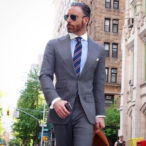 ANNIEBRITNEY Grey 2 Piece Slim Fit Men Formal Suit Wide Lapel Skinny Grey Groom Wedding Tuxedo Cutsom Prom Wedding Men Suit Set
