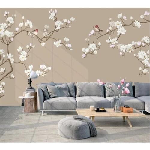 Beibehang Wallpaper customization 3D photo European hand-painted romantic magnolia flower pen flower and bird mural background