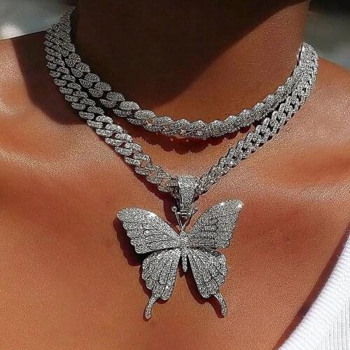 Punk Cuban Link Chain Butterfly Rhinestone Pendant Necklace for Women Rapper Full Crystal Cuban Choker Necklace Men Rock Jewelry