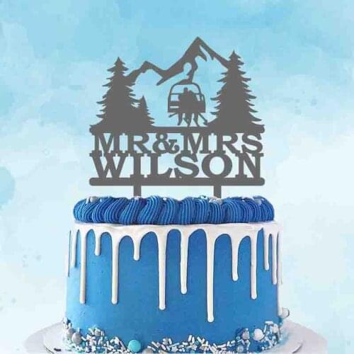 Personalized Bride and Groom Winter Skiing Wedding Cake Topper Custom Mr Mrs Name Winter Skiing Ski Lift Wedding Cake Topper