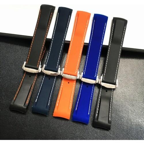 Curved End 20mm 22mm Black Blue Orange With Stitches Rubber Silicone Watch Bands For Omega Seamaster 300 Ocean Strap Bracelet