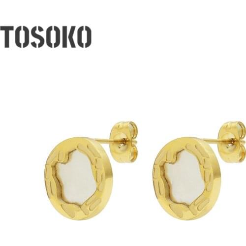 TOSOKO Stainless Steel Jewelry Geometric Shell Carving Earrings 18K Gold Womens Fashion Natural White Sea Shell Earrings BSF504