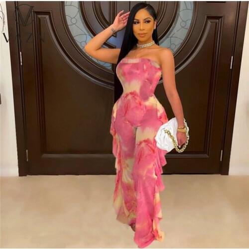VAZN 2021 Hot Chiffon Sexy Club Holiday Sweet Joker Strapless Sleeveless Women High Waist Wide Leg Jumpsuits