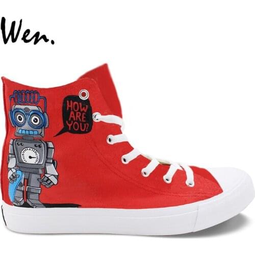 Wen Original Design Hand Painted Cartoon Shoes Crocodile Dragon Robots Ride Skateboarding Hi-top Red Blue Canvas Unisex Sneakers