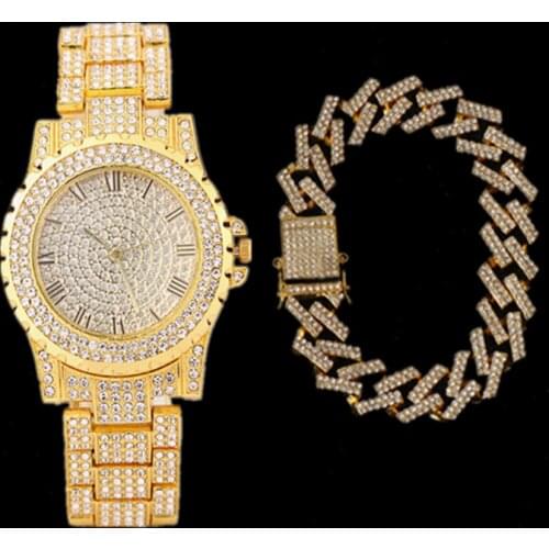 Womens Iced Out Watches Luxury Quartz Wrist Watch with Bracelet Micropave CZ Cuban Chain Hip Hop Watch for Women Men Jewelry Set