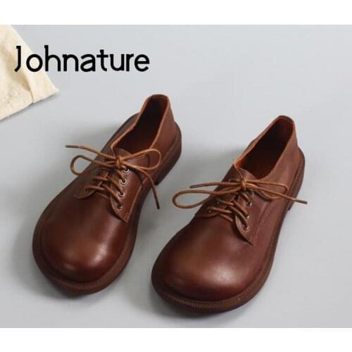 Johnature Flats Women Shoes Genuine Leather Lace-Up 2021 New Spring/Autumn Shallow Handmade Leisure Retro Concise Ladies Shoes