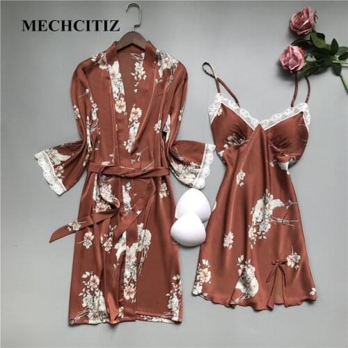 MECHCITIZ 2021 New Women Silk Robe Gown Set Spring Sexy Lace Satin Sleepwear Dress Pajamas Casual Bathrobe Lingerie Home Suit