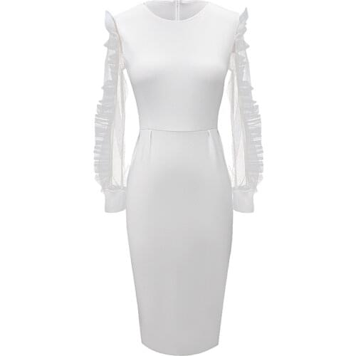 2021 New White Party Dress Sheer Tulle Long Sleeve Midi Calf Bodycon Round Neck Stretch Elegant Dinner Date Plus Size S XXL Robe