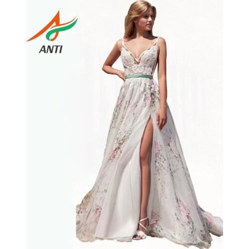 ANTI Fast Shipping Evening Dresses Long 2019 Sexy V-Neck Backless Spaghetti Strap Robe De Soiree Woman 3D Flowers Party Gowns