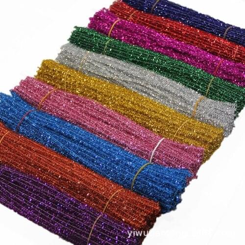 100 Pieces of Glittering Glitter Tops Plush Metal Wire Stems Wired Rods Childrens Education DIY Craft Supplies Toy Making 30CM