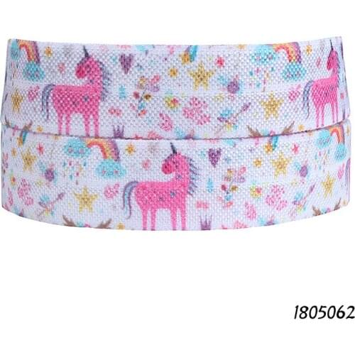 50 yards/lot) High quality cartoon foe, wholesale rainbow unicorn fold over elastic for kids hair ties
