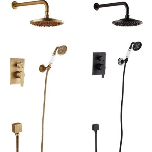 Antique European Ceramic Shower Set Wall Type Cold And Hot Black Bronze Faucet Brass Bathroom Mixer 8 Inch Rainfall Shower