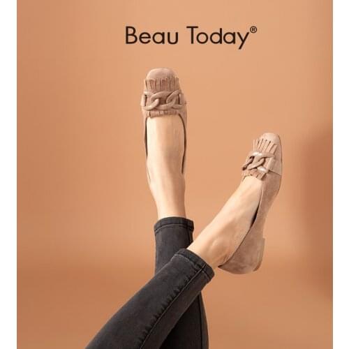BeauToday Suede Leather Flats Women Ballerina Square Toe Chain Tassel Decor Slip On Ladies Shallow Shoes Handmade 28064