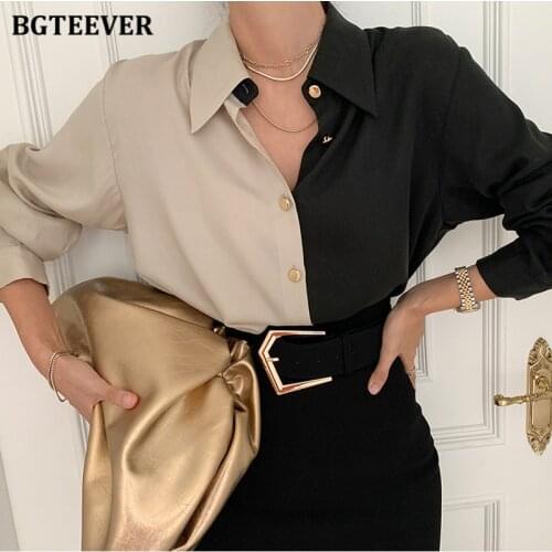 BGTEEVER Spring Chic Women Single-breasted Patchwork Shirts Tops Elegant Turn-down Collar Long Sleeve Loose Female Blouses 2021