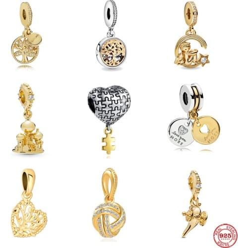 New Gold Family Tree Love You More Castle Dangle Diy Beads fit Original Pandora Charms Silver 925 Bracelet DIY Women Jewelry