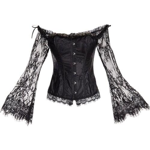 Adult Lady Black Gothic Lolita Corset Costume Victorian Court Vintage Lace Sleeve Waist Cinchers Corset Cosplay Fancy Party