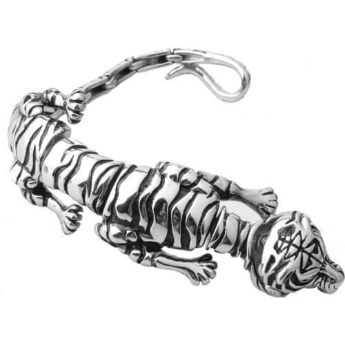 Trendy Biker Stainless Steel Polished Silver Color 3D Tiger Skeleton Cuff Bangle Mens Boys Casting Bracelets Jewelry Punk Animal