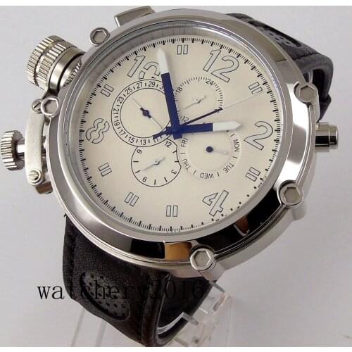 50mm parnis white dial date day big face Stainless Steel Automatic Mechanical mens watch
