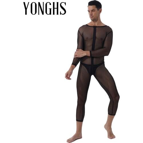 Mens Lingerie Skinny Stripe/Leopard Print Teddies See-through Zipper Long Sleeve Leotard Bodysuit Jumpsuits Unitard Costume