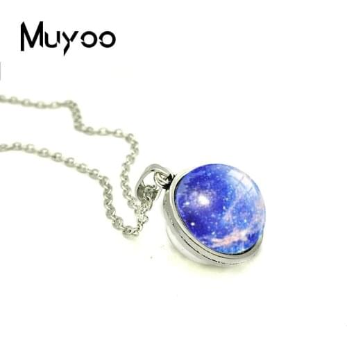 2018 New Blue Nebula Galaxy Double Sided Pendant Galactic Cosmic Moon Necklace Glass Dome Photo Jewelry Round Bronze Necklaces