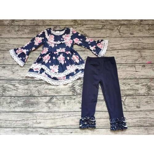 New design girls set printed lace stitching childrens clothing long sleeve boutique high quality 2 piece set