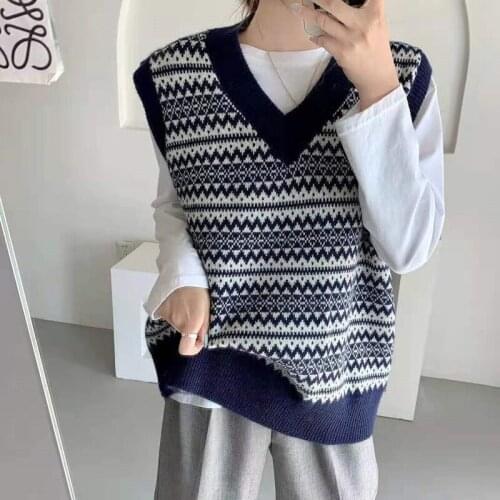Autumn Winter Womens Vest Korean Fashion Loose Sweater Vest V-Neck Sleeveless Knitted Top Striped Vests For Girls Chaleco Mujer