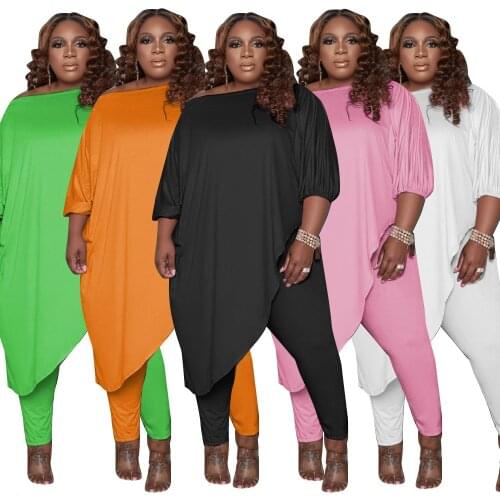 Zoctuo Casual 2 Piece Pants Set For Women Solid Color Plus Size Trousers Sets Extra Long Loose T-shirts Top And Skinny Pants Set