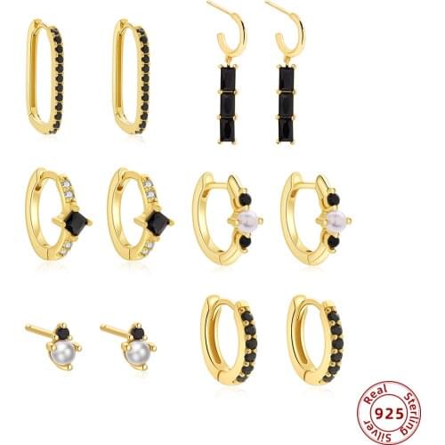 Real 925 Sterling Silver Tiny Black CZ Zircon Hoop Earrings for Women Pearl Round Circle Ear Buckle Piercing Jewelry Pendientes