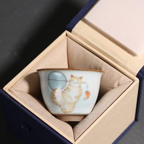 Ru Kiln Hand Painted cute cat Ceramic Cover Bowl Teacup Gaiwan Tea Bowl Kung Fu Puer Tes Set Tea Cup Drinkware Wine Set Gift