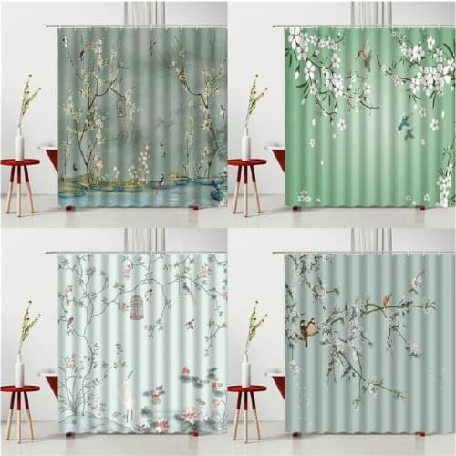 Chinese Style Flowers Landscape Shower Curtain White Flowers Birds Household Products Bathtub Decor Polyester Fabric With Hooks