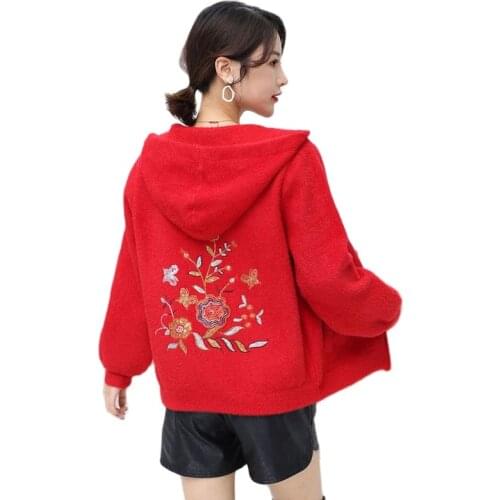 Womens Jackets 2021 Mink Fleece Knitted Sweaters Female Autumn Winter Fashion Embroidery Short Hooded Loose Casual Outerwear