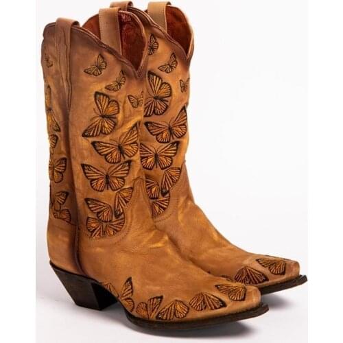 Womens Embroidered Butterfly Cowgirl Boots Western Boots Womens Retro Knee High Boots Handmade Leather Cowboy Boots Large Size