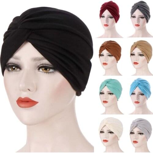 Women Twisted Bow Jersey Inner Hijab Solid Color Soft Easy Cap Muslim Fashion Turban Headband Elastic Chemo Cap Hats Accessories