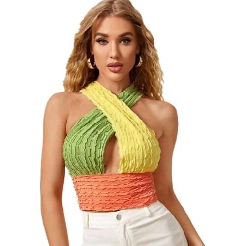 Women Neck Bandage Crop Top Knitted Sexy 2021 Summer Color Bar Backless Sleeveless Casual Off Shoulder Tank Tops Party Bralette