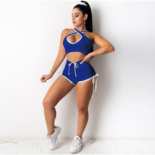Women Sexy Pure Color Vest Short Sports Two-piece Suit Cross Halter Crop Top and Drawstring Biker Short Female Activewear Outfit