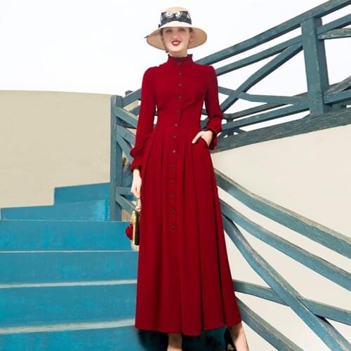 Plus size England retro big swing single breasted dress female long sleeved longer temperament dress F1672 wholesale factory