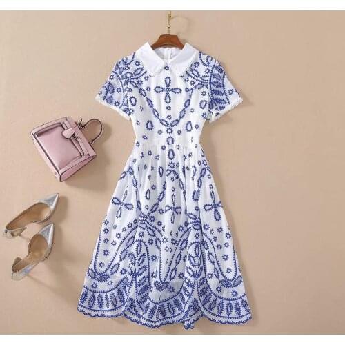 Womens European and American dress 2021 summer new styles Short sleeve doll collar Hollow out the embroidery Fashion dress