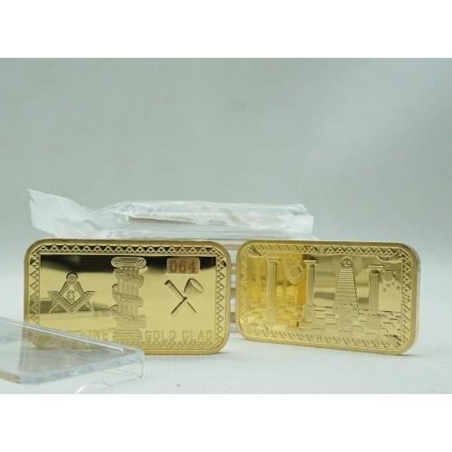 2pcs/lot Freemasons Masonic Challenge Coin Golden Bar 999 Fine Gold Clad 3D Design With Case Cover