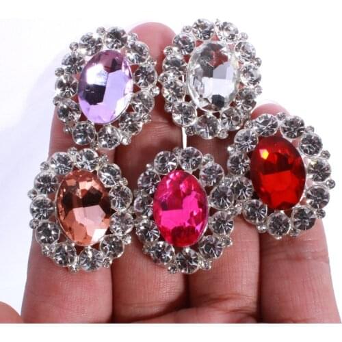 50PCS 25mm*31mm High Quality Silver Rhinestone Buttons For Wedding Decoration FlatBack Crystal Oval Metal Glass Button U Pick