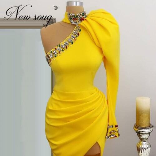 Arabic Dubai Formal Crystals Evening Dresses With Beaded Middle East Women Party Night Gown Prom Dress 2021 One Sleeve Vestidos