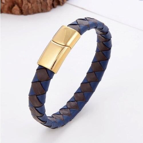 High Quality Multicolor Stainless Steel Button Simple Design Mens Leather Bracelets 12mm Rope Chain Unisex Bracelet Jewelry
