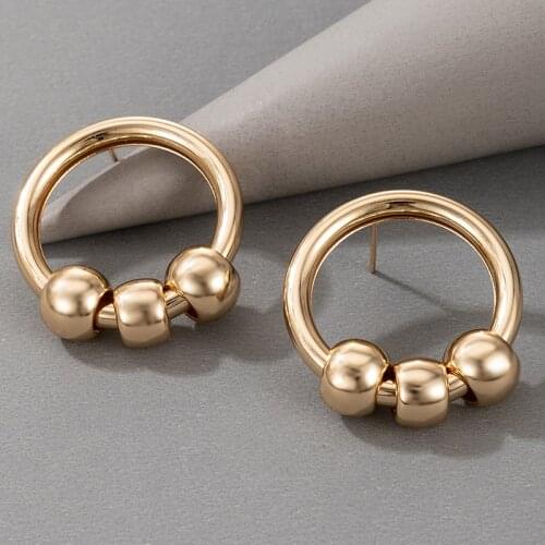 Docona Creativity Gold Color Geometric Stud Earrings Trendy Round Beads Metal Earrings for Women Wedding Jewelry серьги 17167