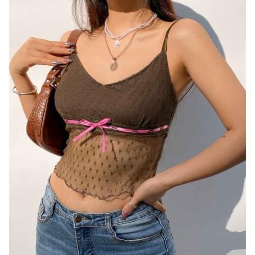 Kili Aesthetic Cute Mesh Tops Women Lace Patchwork Vintage Kawaii Clothes See Through V Neck Sexy Crop Tops