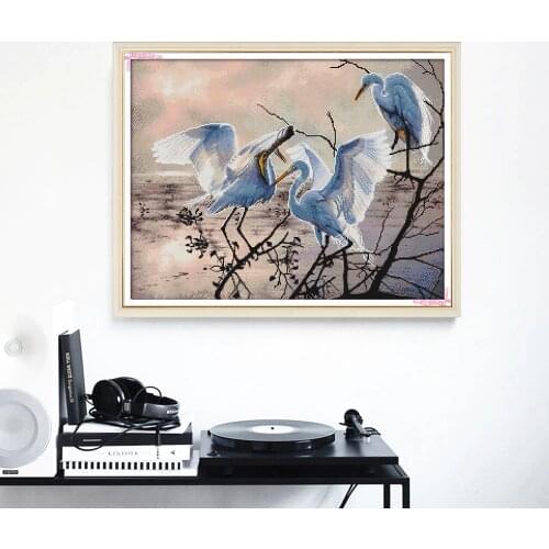 HUACAN Cross Stitch Bird Animal Needlework Sets For Full Kits White Canvas DIY Embroidery Egret Home Decor 14CT