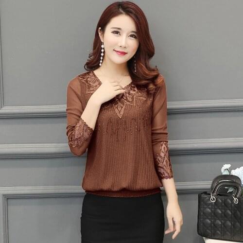 Lace Blouse Women Shirt 2021 Spring Long Sleeved Patchwork Knitted Shirt Elegant Dimonds Loose Women Tops Plus Size Blusas Mujer