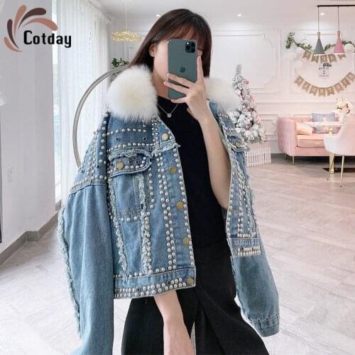 Cotday Short Denim Blue Rivets 2020 New Winter Down Jacket Female Detachable Women OverComing Fox Real Fur Collar Parka Coat